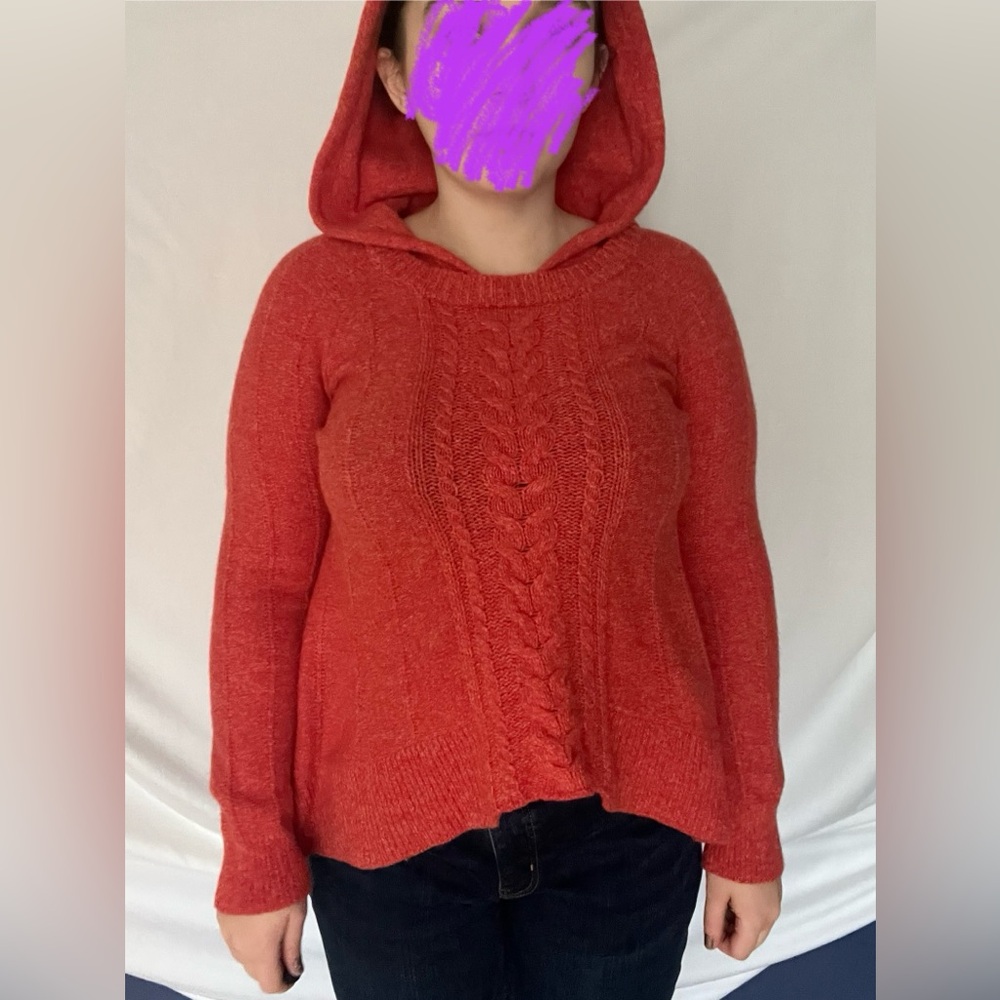 Like-new Red-orange 90% wool knit sweater with hood